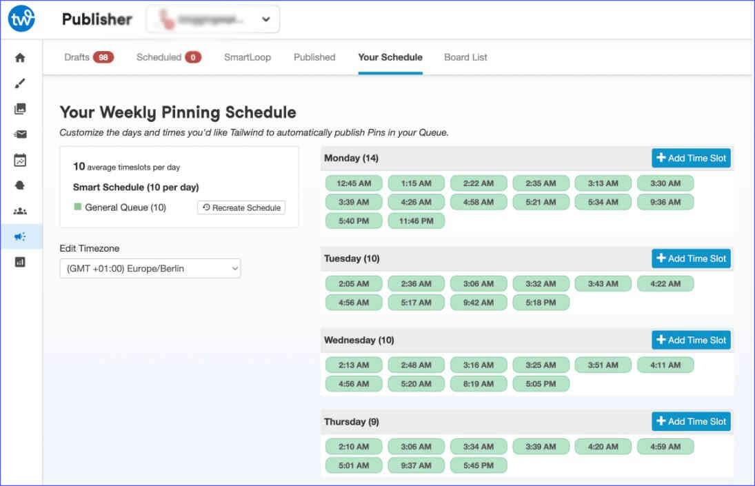 Pinning schedule view in Tailwind for posting pins for Pinterest affiliate marketing