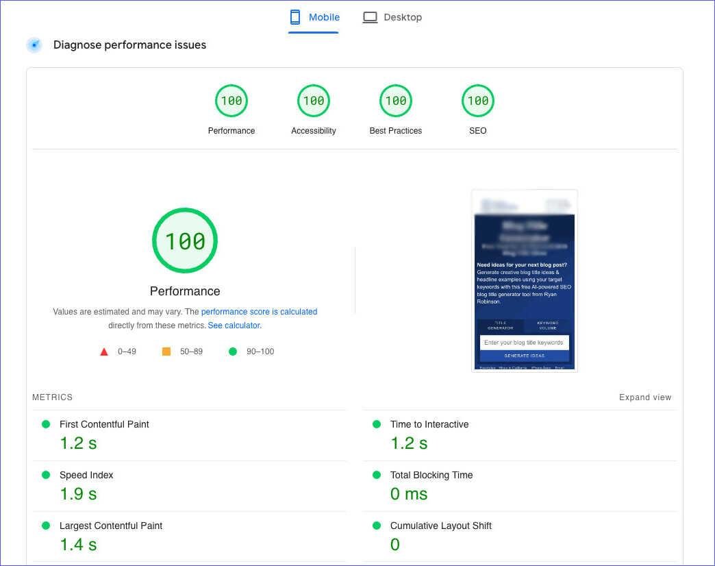 Site performance in PageSpeed Insights for technical SEO tutorial