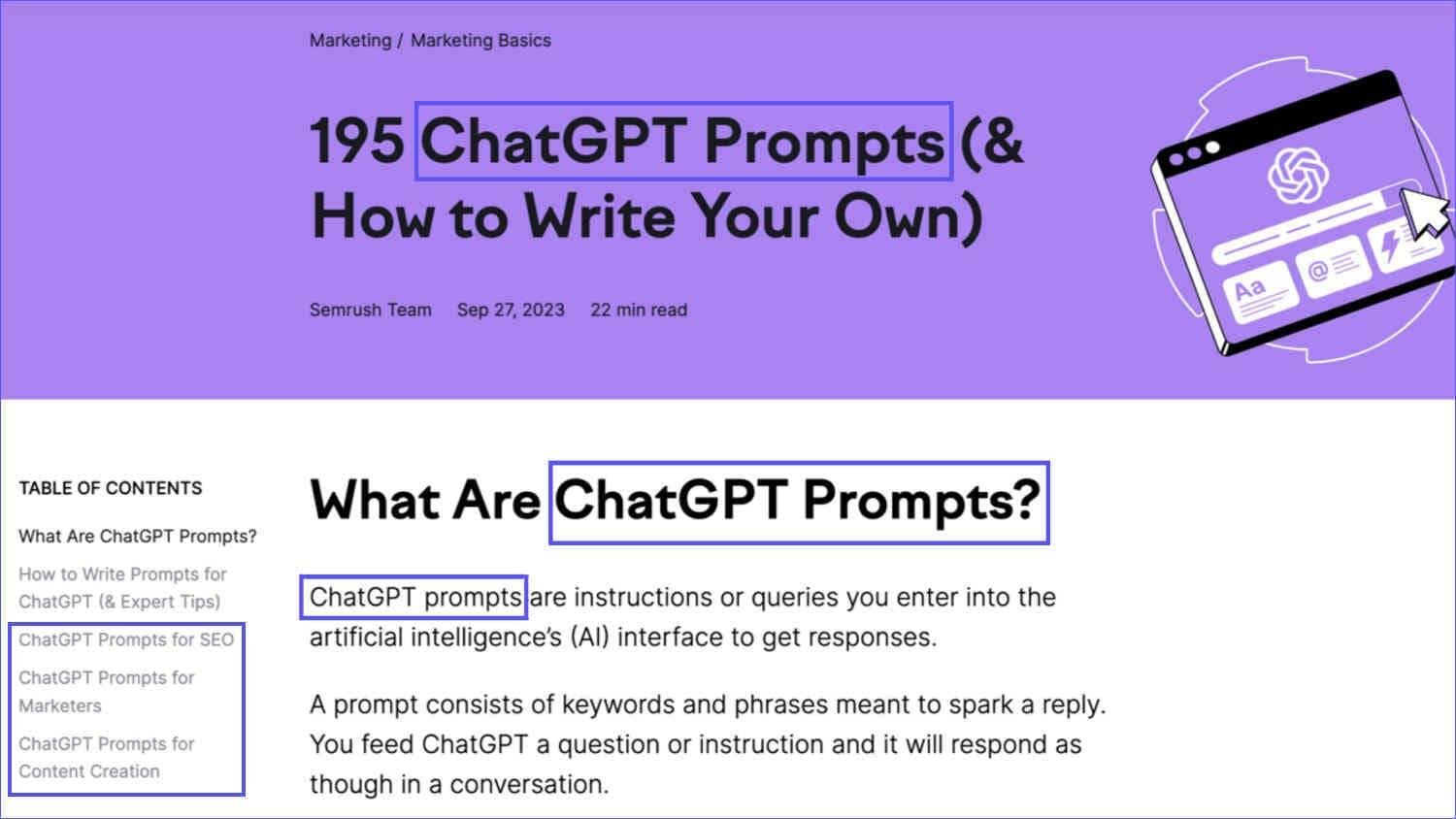 Target keyword placement in a post to help create SEO content