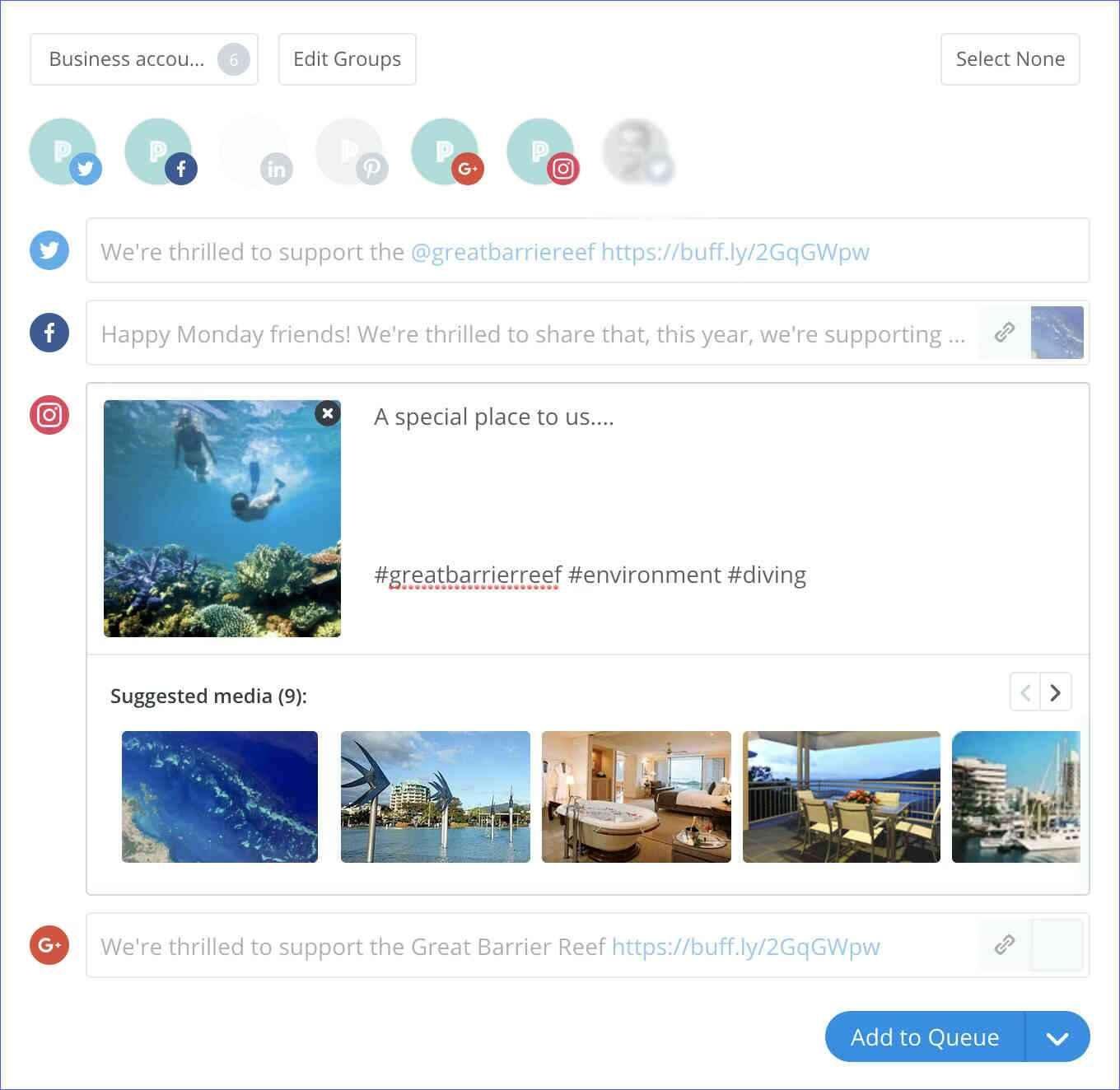 buffer-multiple-social-channels Posts for social media channels in Buffer to automate affiliate marketing