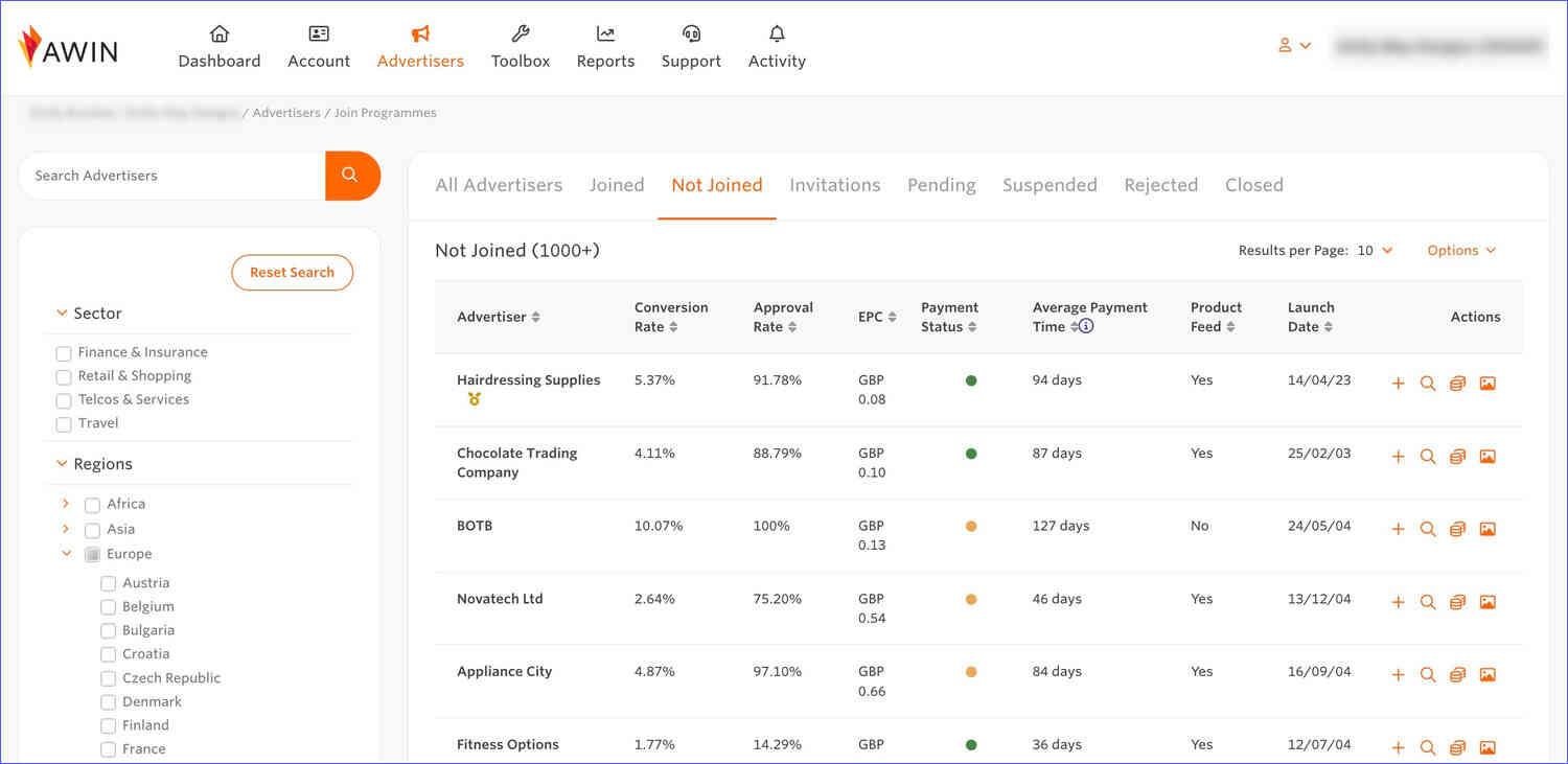 Advertisers tab in an affiliate marketing network called Awin