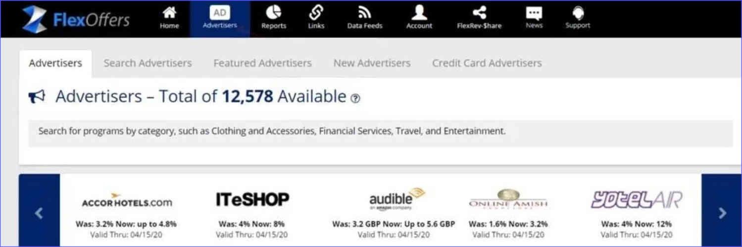Advertisers tab in the dashboard of an affiliate network known as FlexOffers