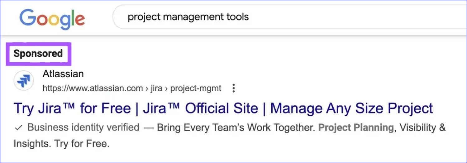 google-website-sponsored-ad Sponsored ad of Jira in Google search results for website marketing