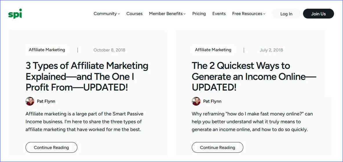 Blog posts on the affiliate marketing site Smart Passive Income