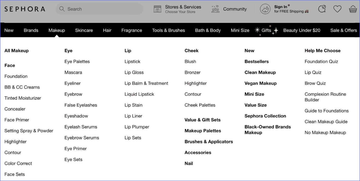 sephora-website-architecture Optimized site architecture of Sephora to rank higher in SERP to promote website