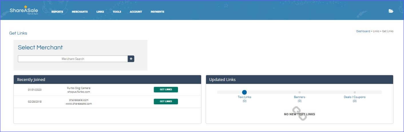 Get Links page of an affiliate platform known as ShareASale
