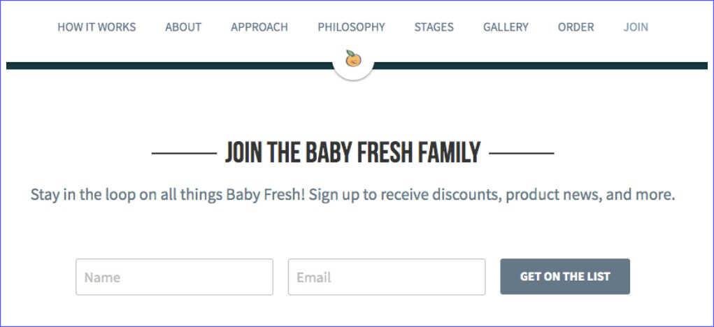 subscription-email-marketing Email sign up offering discounts on the Baby Fresh website for marketing