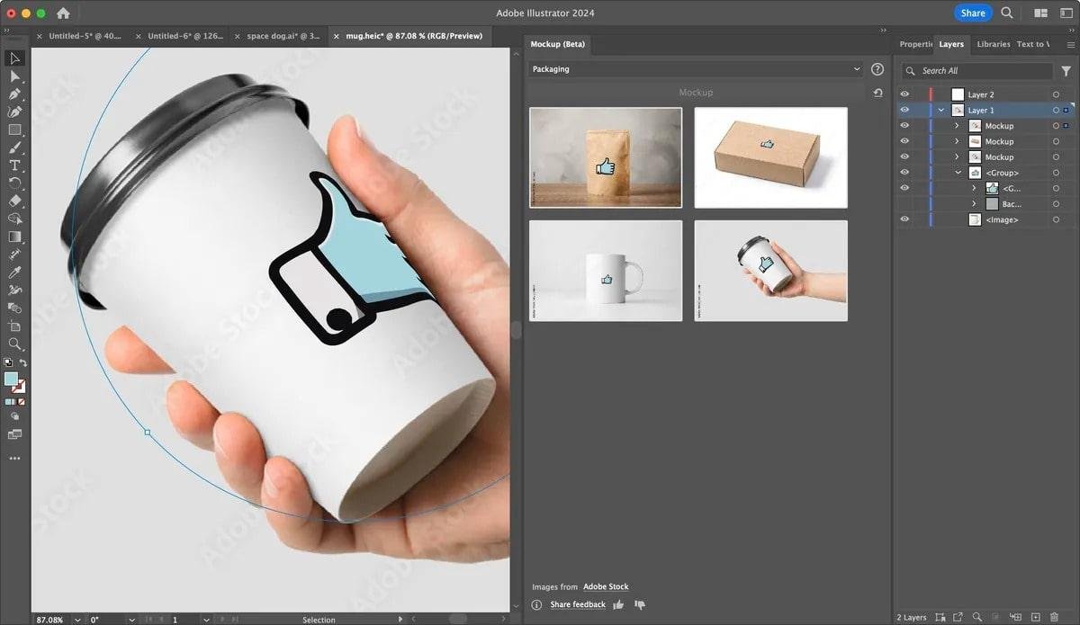 Adobe Illustrator interface with mock up panel